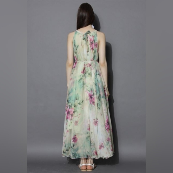 MedeShe Green Y2K Fairycore Flowy Floral Ciffon Maxi Dress - Picture 5 of 13